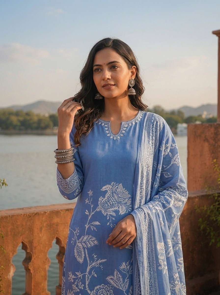 Blue Crepe Leaf Vine Motifs Printed Three Piece Set