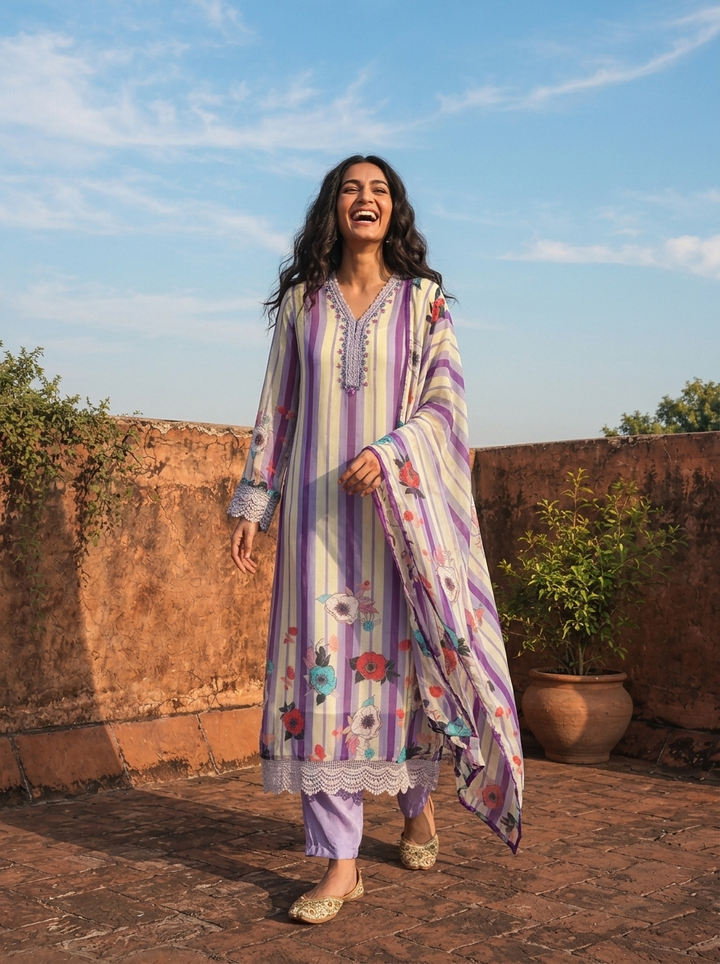Lavender Organza Stripe With Floral Printed Three Piece Set
