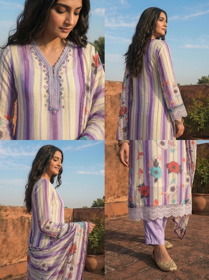 Lavender Organza Stripe With Floral Printed Three Piece Set