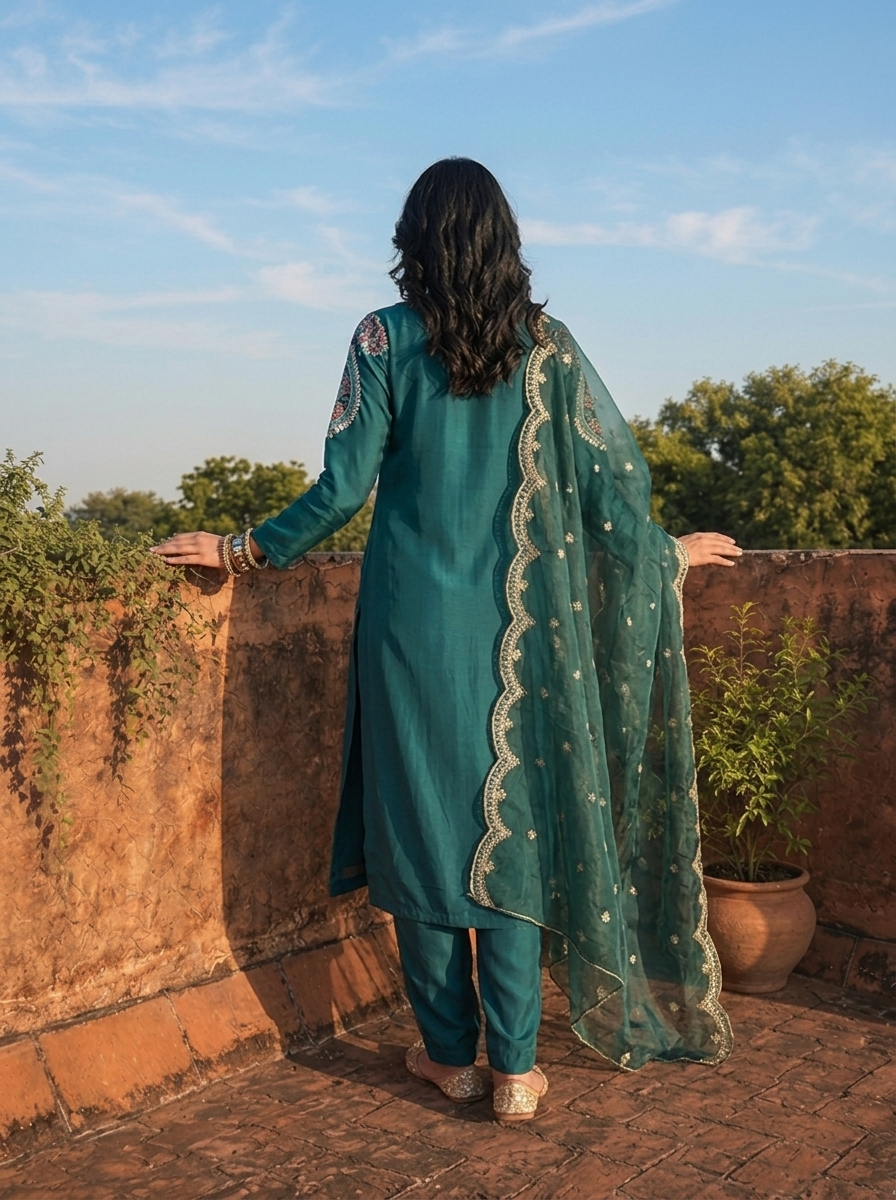 Peacock Crepe Zari Paisley Embroidered Three Piece Set