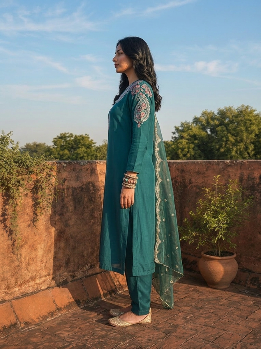 Peacock Crepe Zari Paisley Embroidered Three Piece Set