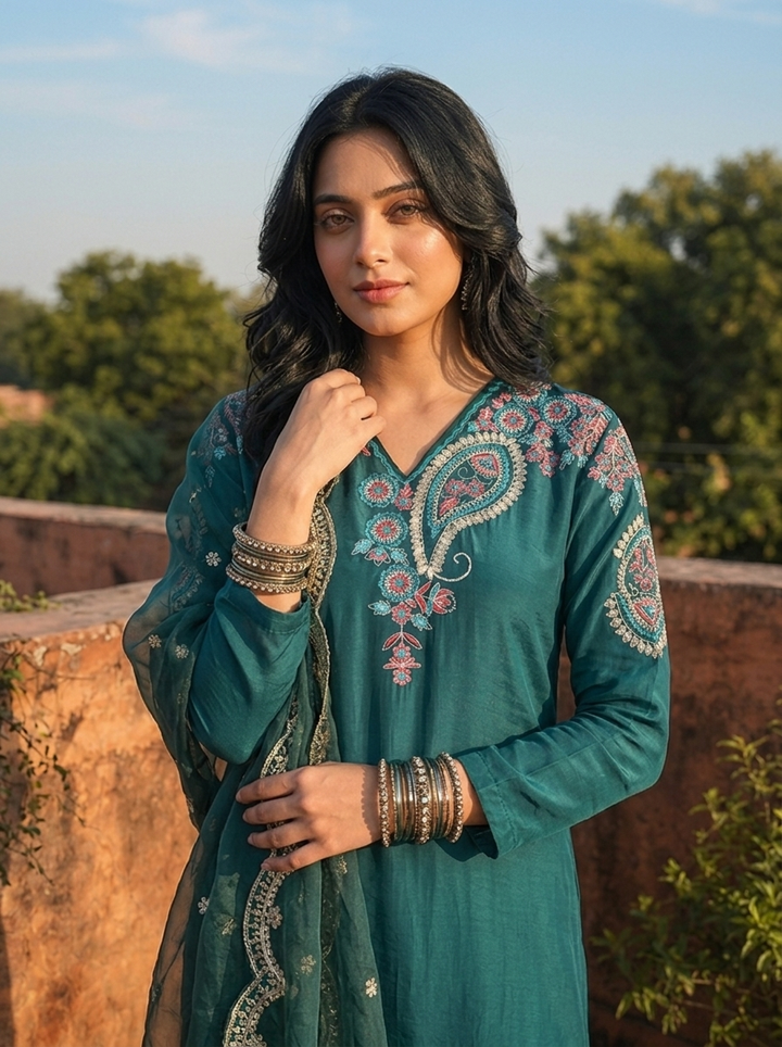 Peacock Crepe Zari Paisley Embroidered Three Piece Set