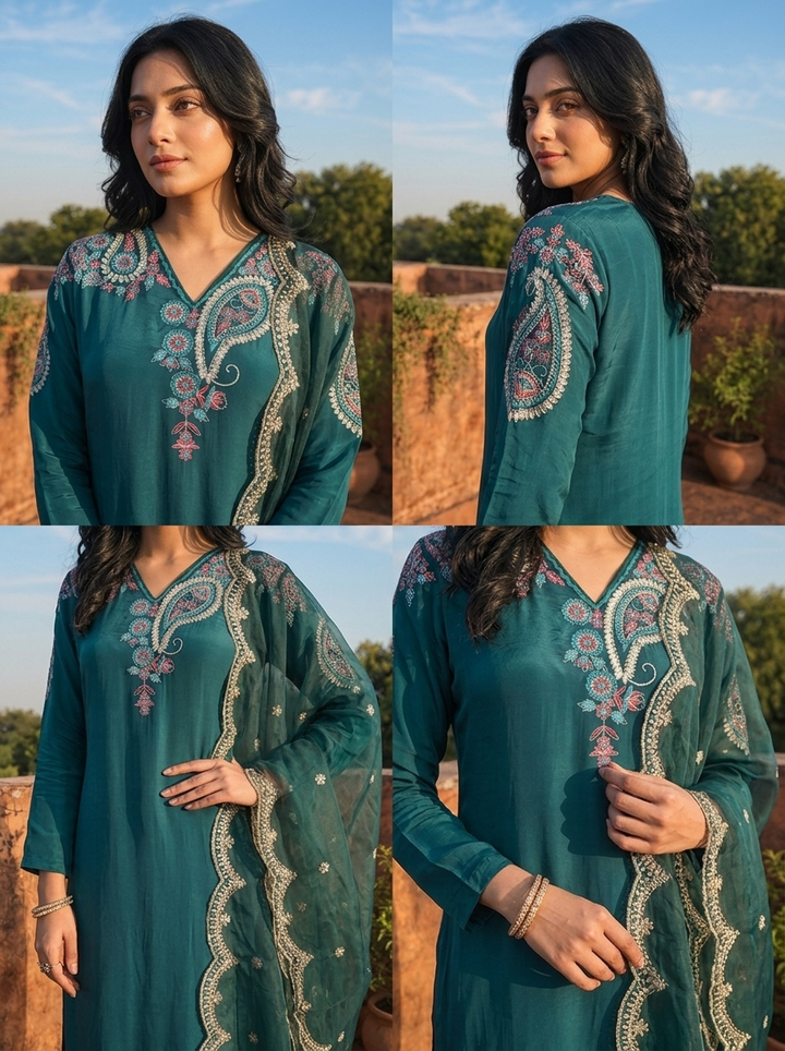 Peacock Crepe Zari Paisley Embroidered Three Piece Set