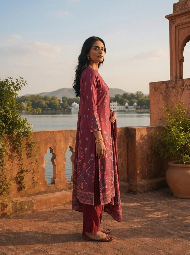 Wine Cotton Digital Geometric Jaal Printed Three Piece Set