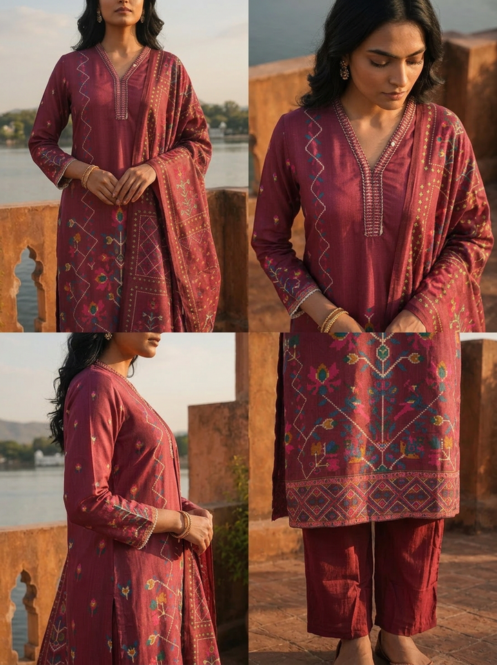 Wine Cotton Digital Geometric Jaal Printed Three Piece Set