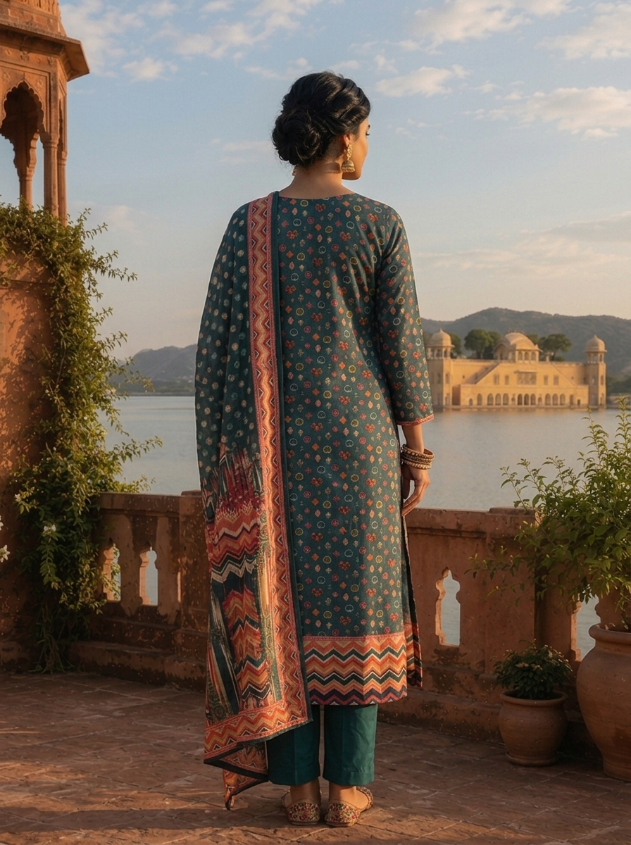 Green Silk Tribal Chevron Printed Three Piece Set