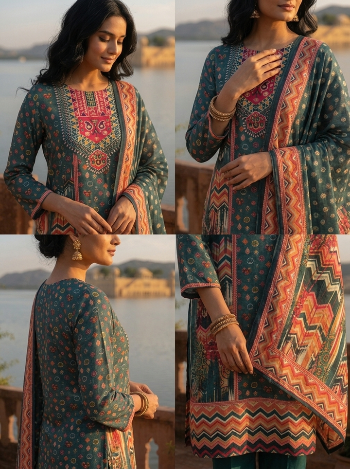 Green Silk Tribal Chevron Printed Three Piece Set