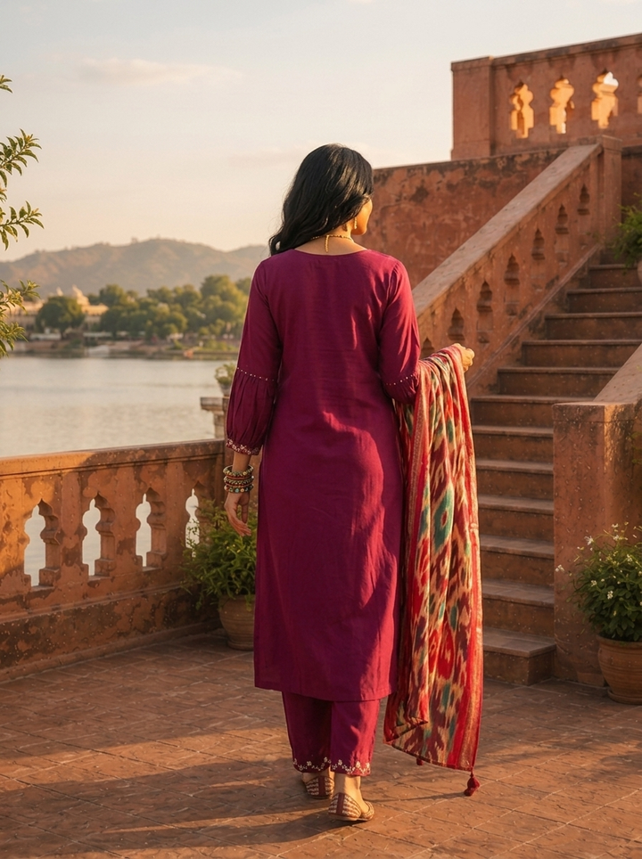 Wine Rayon Solid With Embroidered Three Piece Set