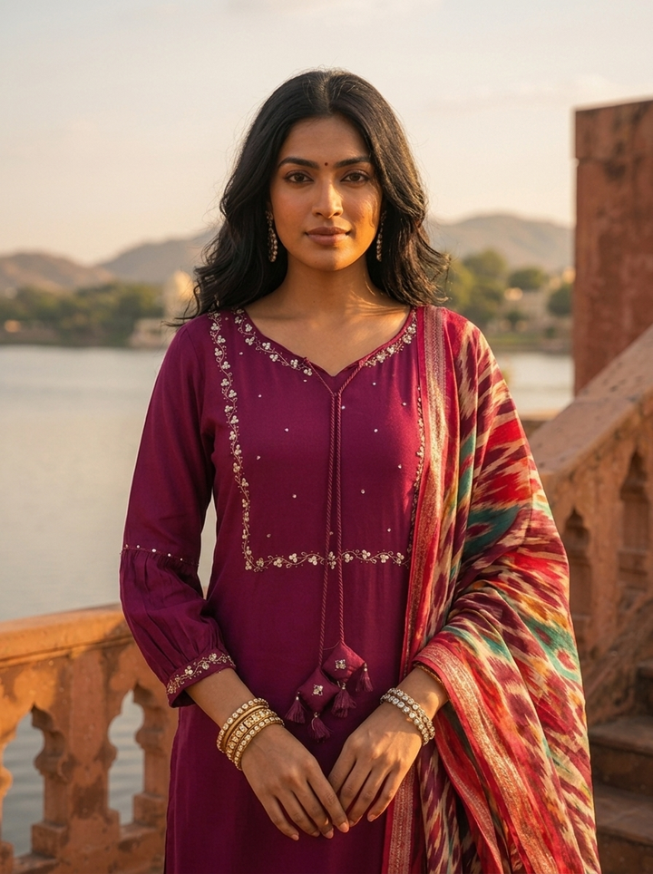 Wine Rayon Solid With Embroidered Three Piece Set