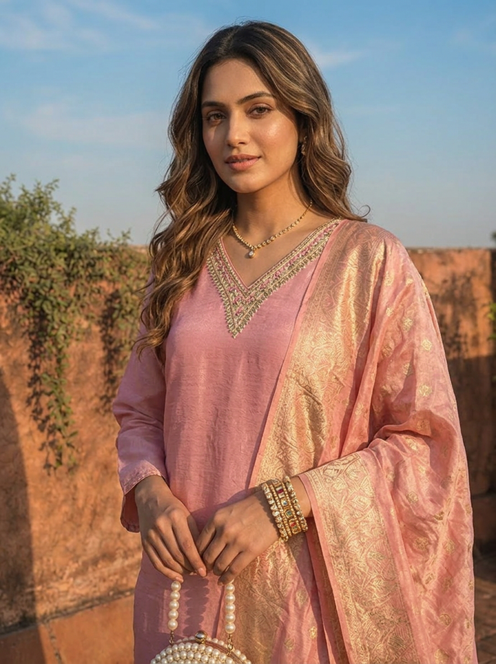 Rose Pink Tissue Solid With Embroidered Three Piece Set