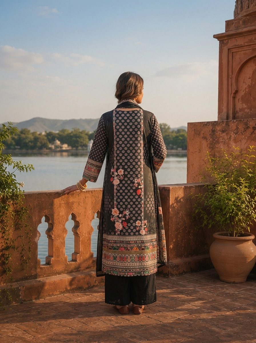 Black Silk Floral Ajrakh Printed Three Piece Set