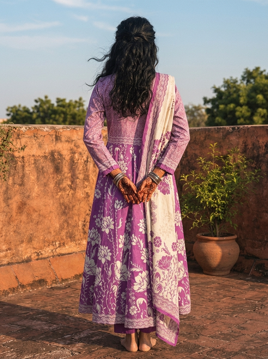 Purple Cotton Floral Jaal Block Printed Three Piece Set