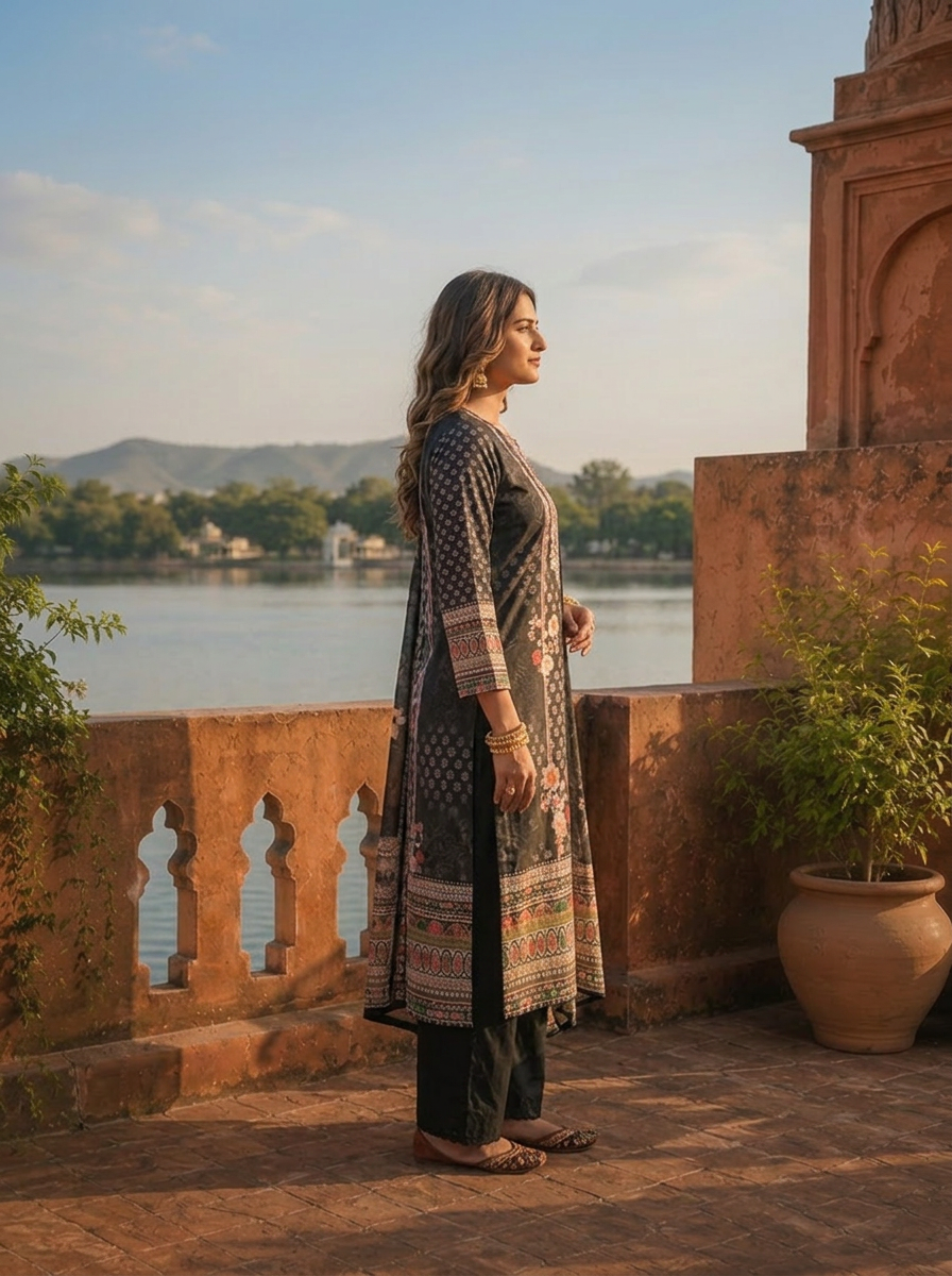 Black Silk Floral Ajrakh Printed Three Piece Set