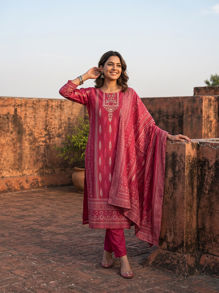 Wine Silk Discharge Ethnic Motifs Printed Three Piece Set