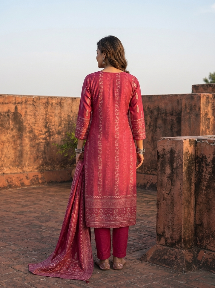 Wine Silk Discharge Ethnic Motifs Printed Three Piece Set