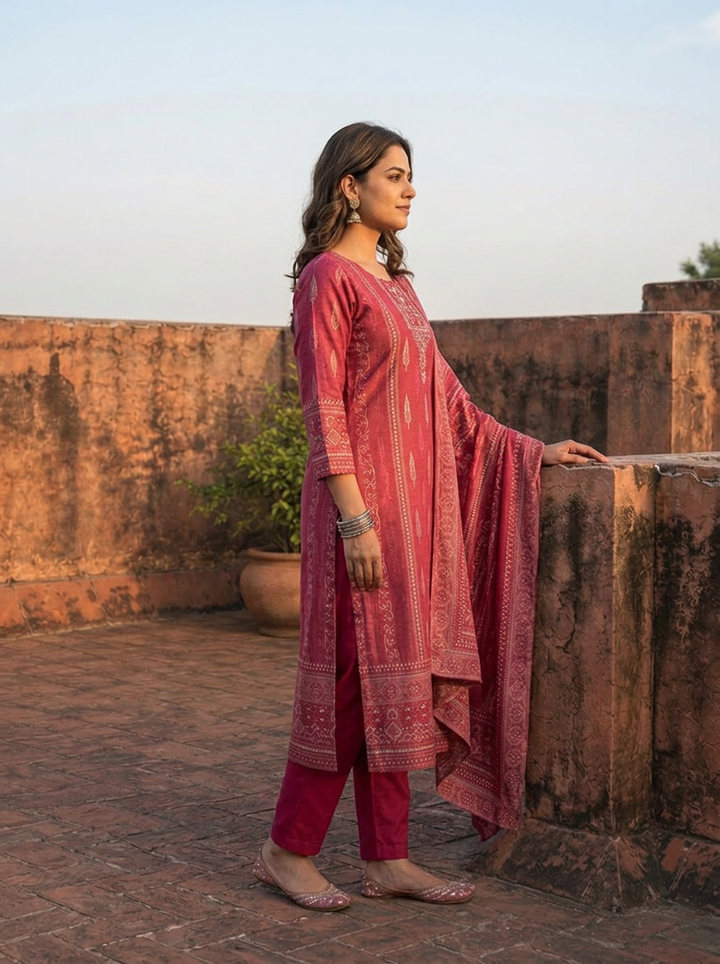 Wine Silk Discharge Ethnic Motifs Printed Three Piece Set