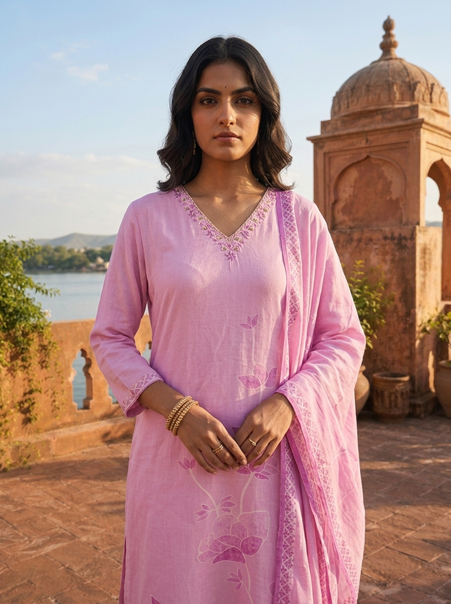 Lilac Silk Tone-On-Tone Lotus Block Printed Three Piece Set
