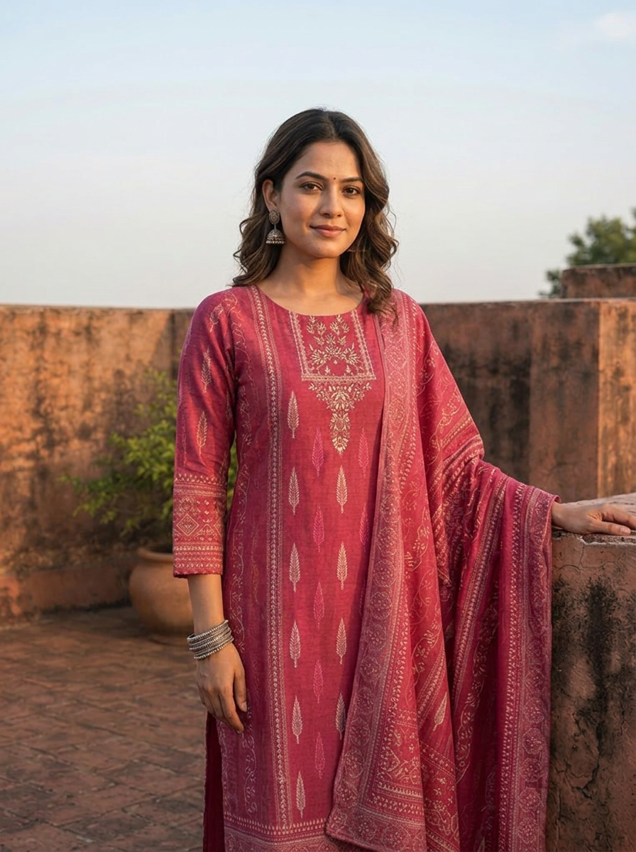 Wine Silk Discharge Ethnic Motifs Printed Three Piece Set