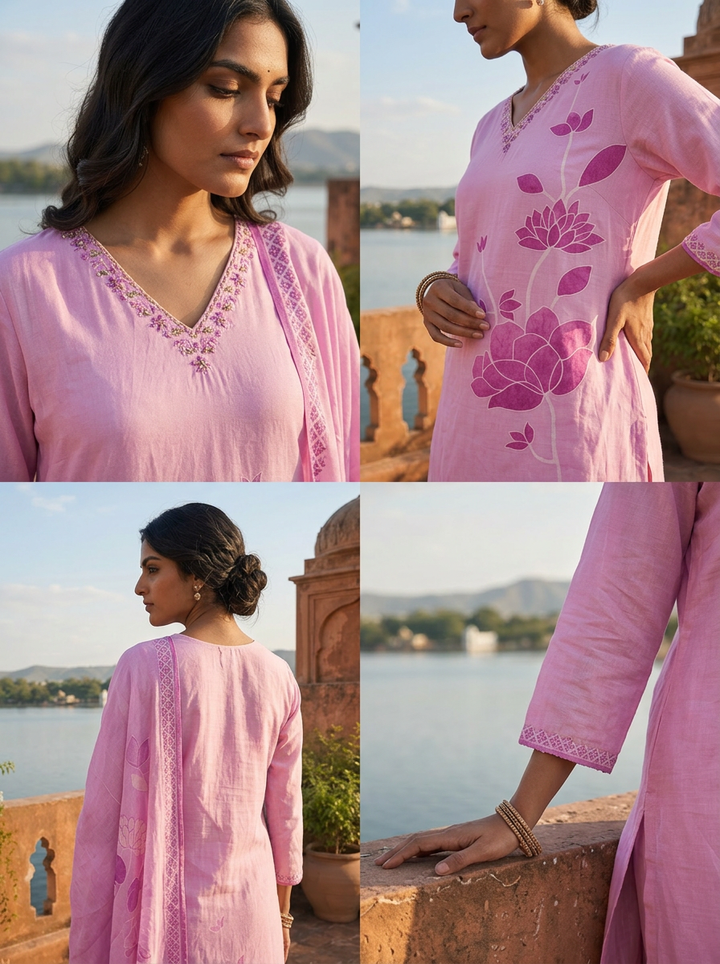 Lilac Silk Tone-On-Tone Lotus Block Printed Three Piece Set