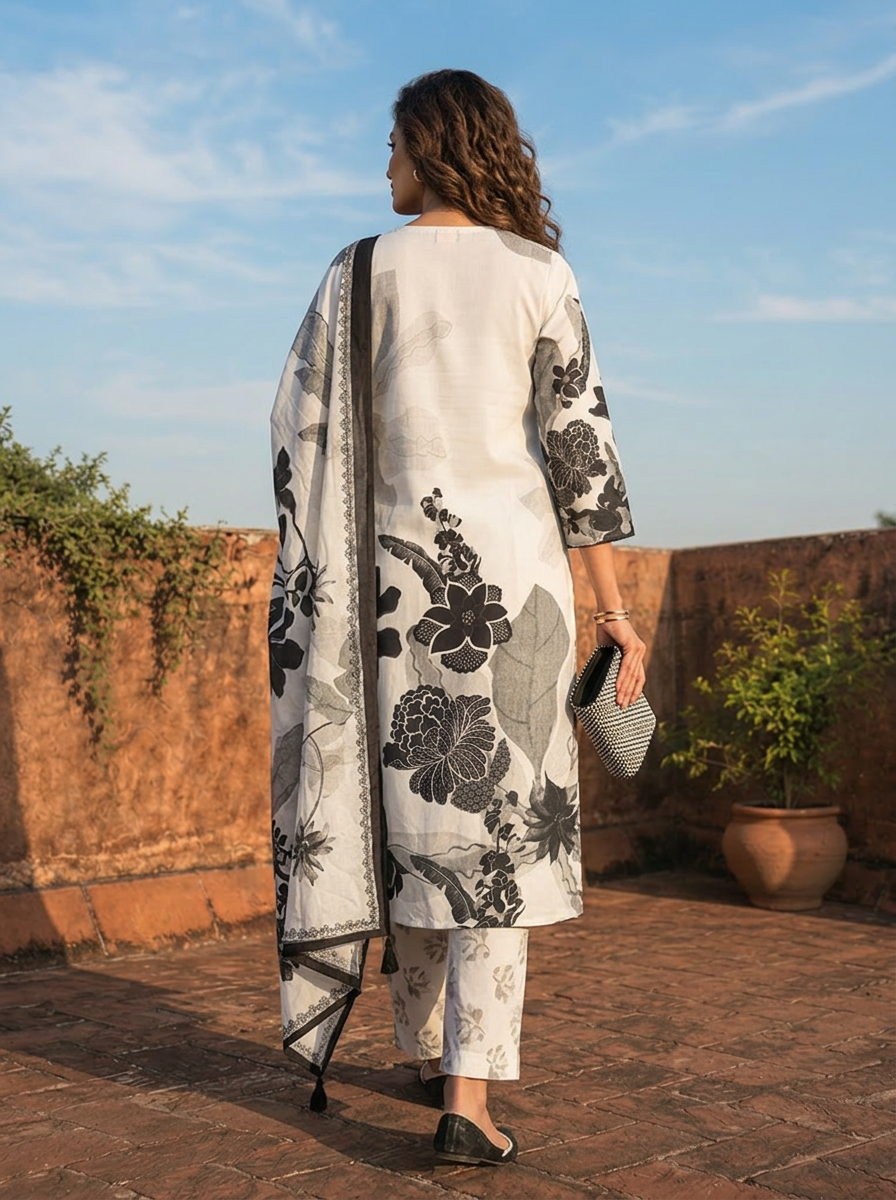 Off White Rayon Digital Abstract Floral Printed Three Piece Set