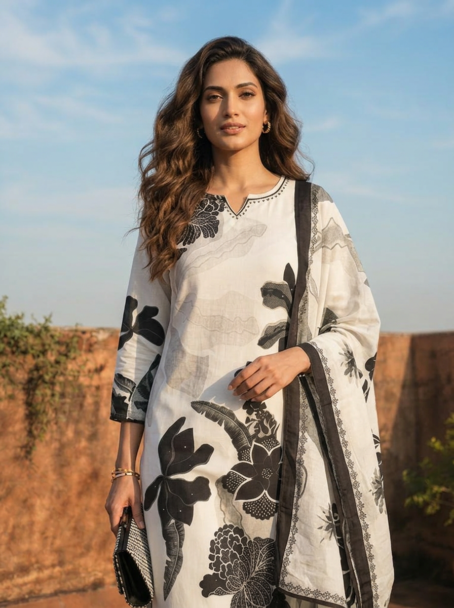 Off White Rayon Digital Abstract Floral Printed Three Piece Set