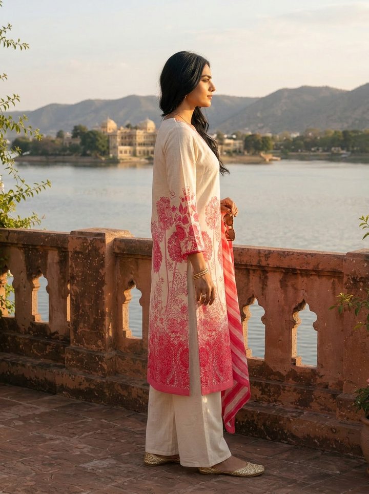Pink Cotton Dandelion Motif Printed Three Piece Set