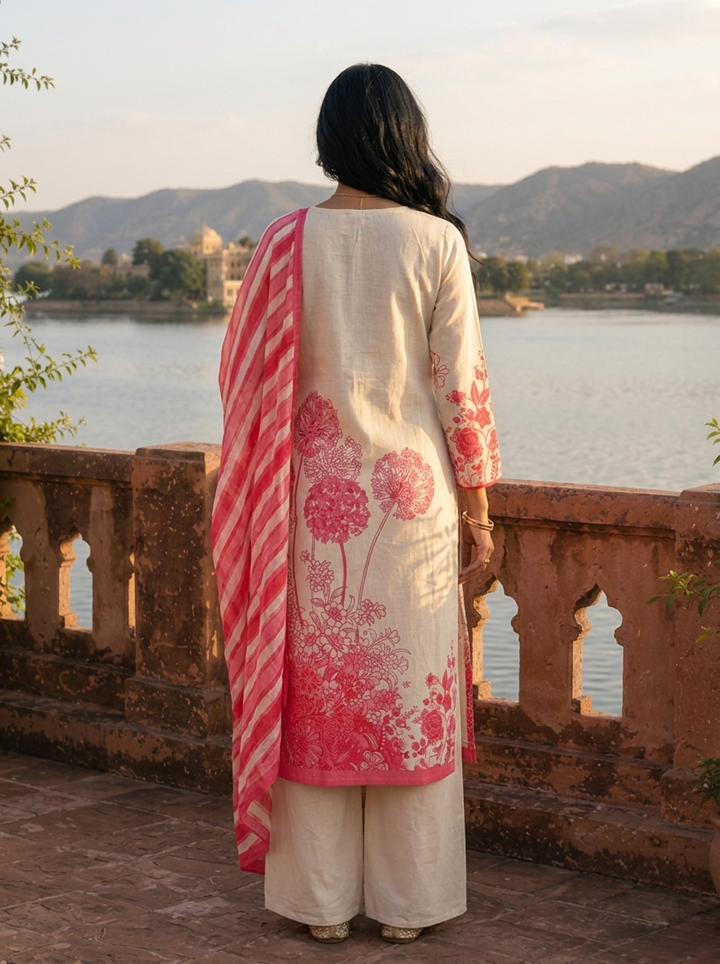 Pink Cotton Dandelion Motif Printed Three Piece Set