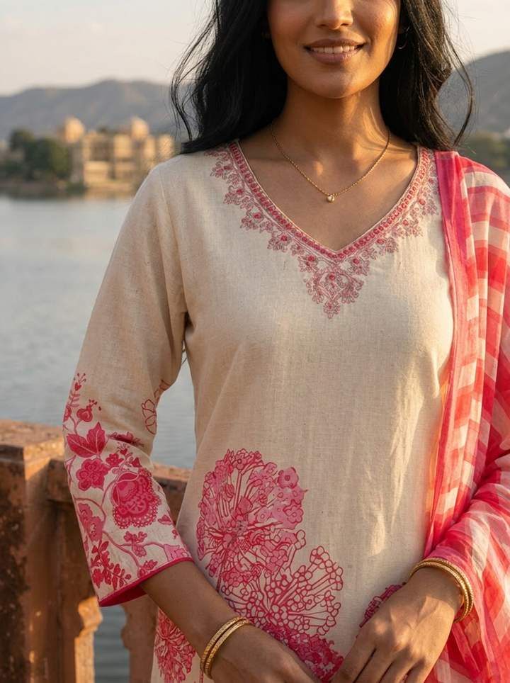 Pink Cotton Dandelion Motif Printed Three Piece Set