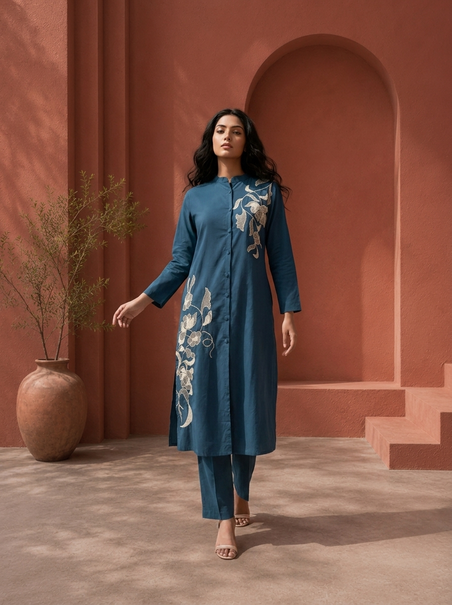 Peacock Cotton Diagonal Floral Embroidered Two Piece Set