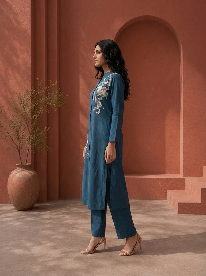 Peacock Cotton Diagonal Floral Embroidered Two Piece Set