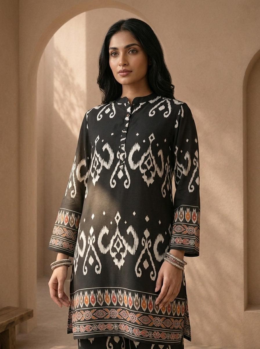 Black Rayon Ikat With Multicolor Tribal Border Printed Two Piece Set