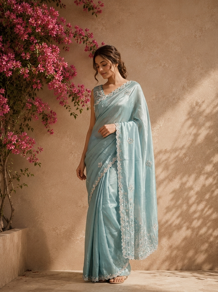 Sea Green Organza Scattered Stone Embroidered Saree With Scallop Border