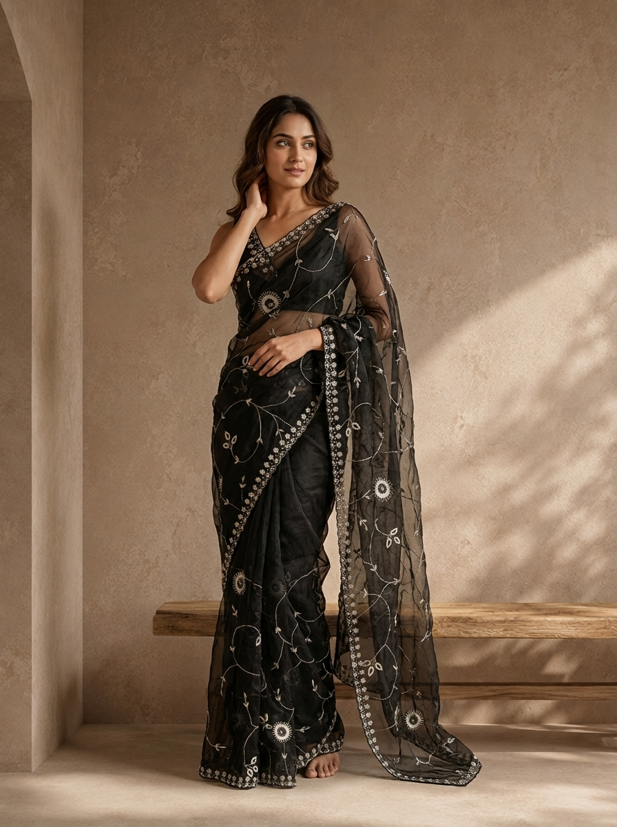 Black Organza Mirror And Stone Embroidered Saree With Embellished Border