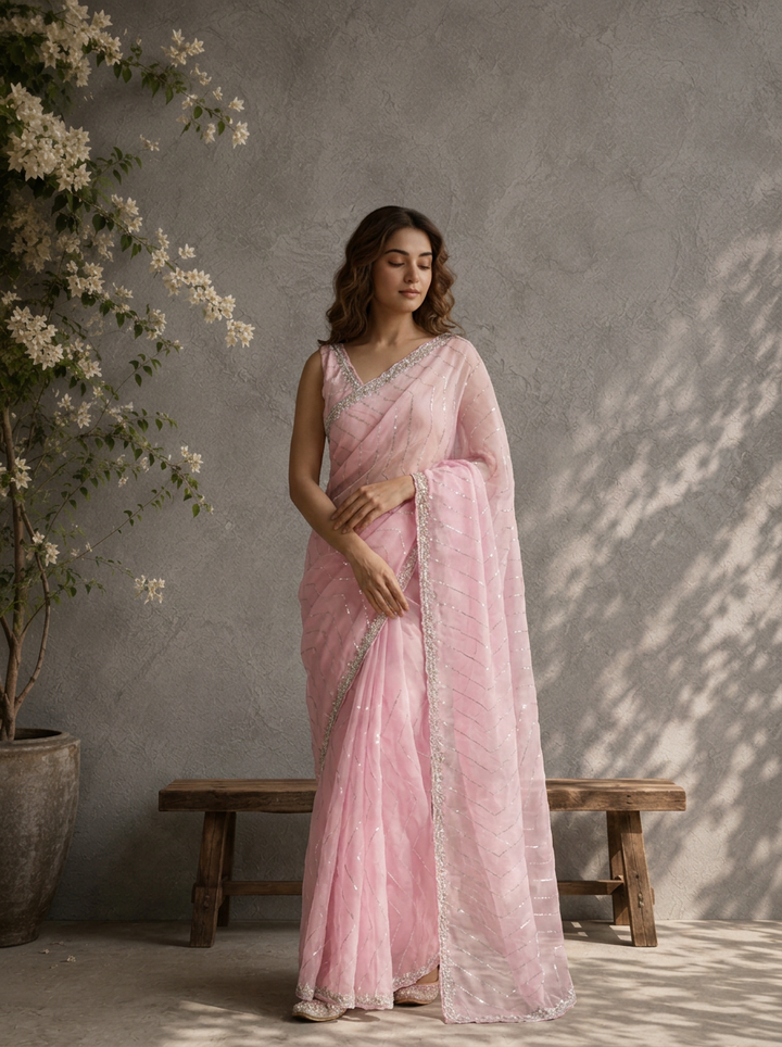 Baby Pink Organza Sequin Embroidered Saree