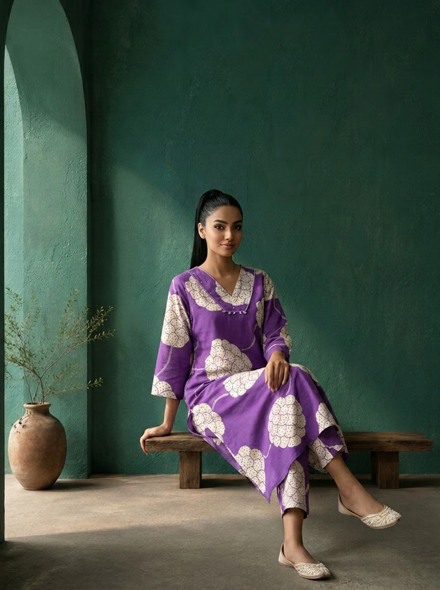 Purple Cotton  Large Floral Abstract Printed Two Piece Set
