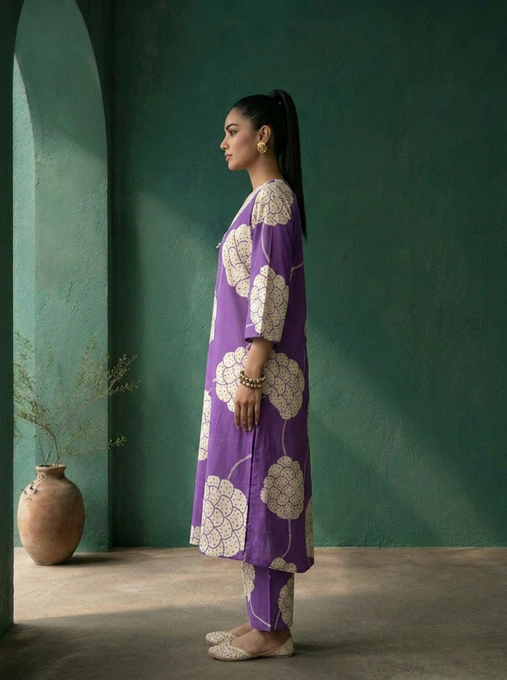 Purple Cotton  Large Floral Abstract Printed Two Piece Set