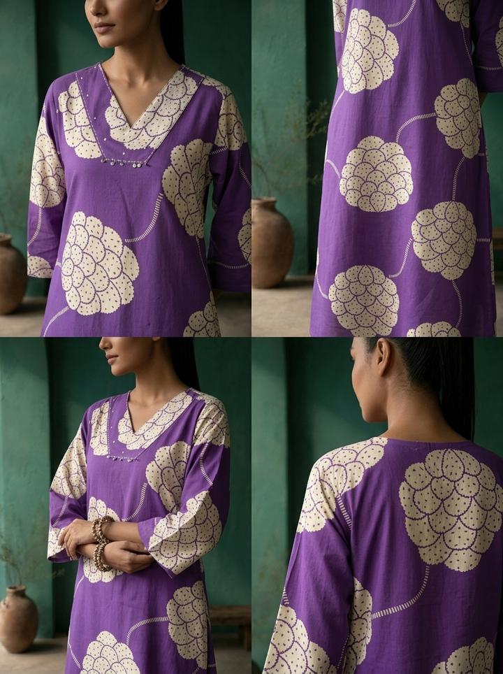 Purple Cotton  Large Floral Abstract Printed Two Piece Set