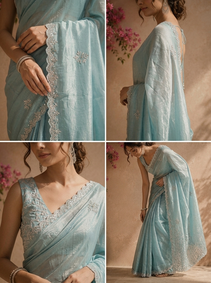 Sea Green Organza Scattered Stone Embroidered Saree With Scallop Border