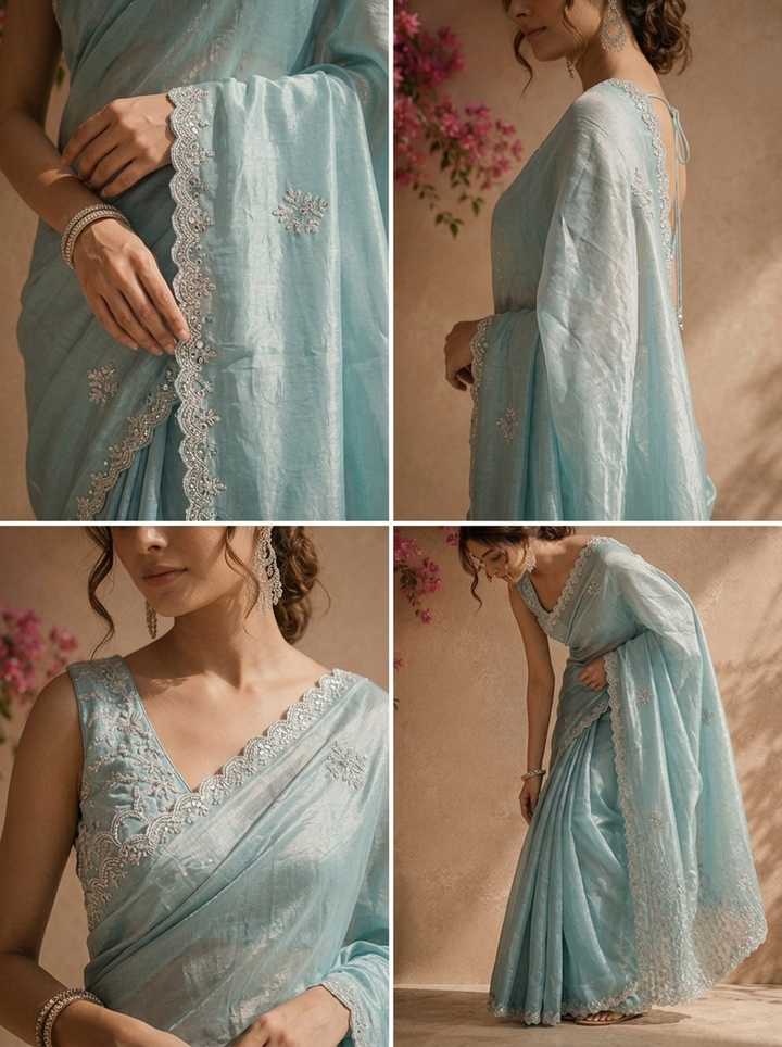 Sea Green Organza Scattered Stone Embroidered Saree With Scallop Border