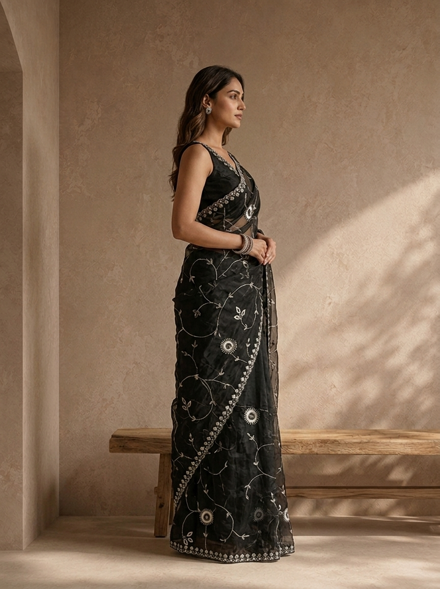 Black Organza Mirror And Stone Embroidered Saree With Embellished Border