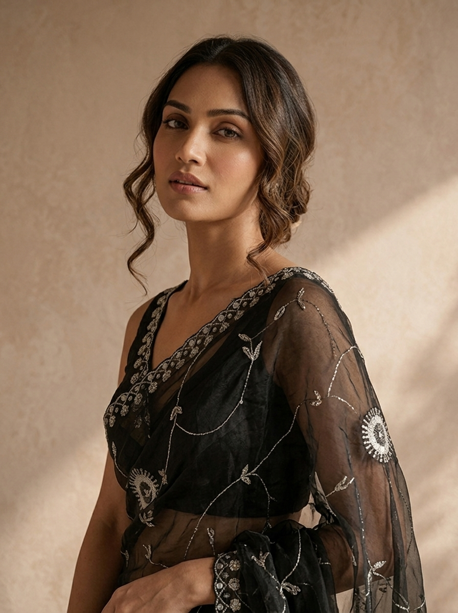 Black Organza Mirror And Stone Embroidered Saree With Embellished Border