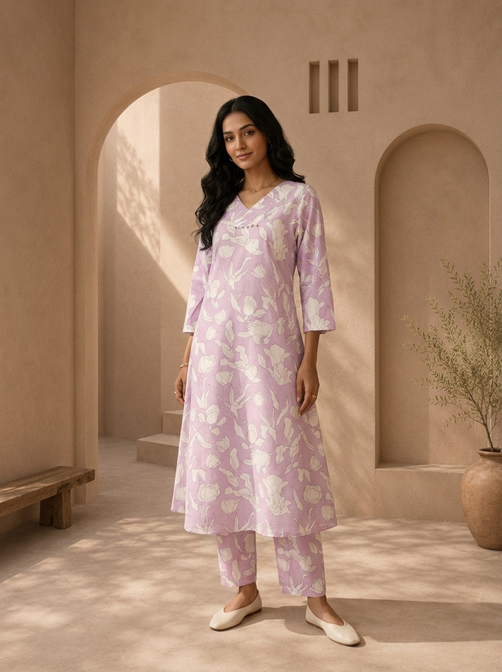 Lilac Cotton Line-Art Tulip Floral Printed Two Piece Set