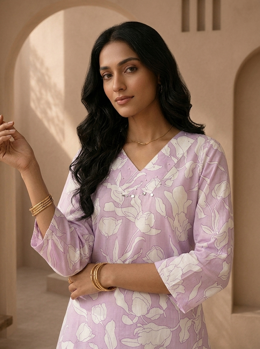 Lilac Cotton Line-Art Tulip Floral Printed Two Piece Set