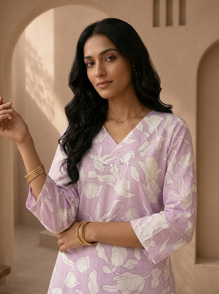 Lilac Cotton Line-Art Tulip Floral Printed Two Piece Set