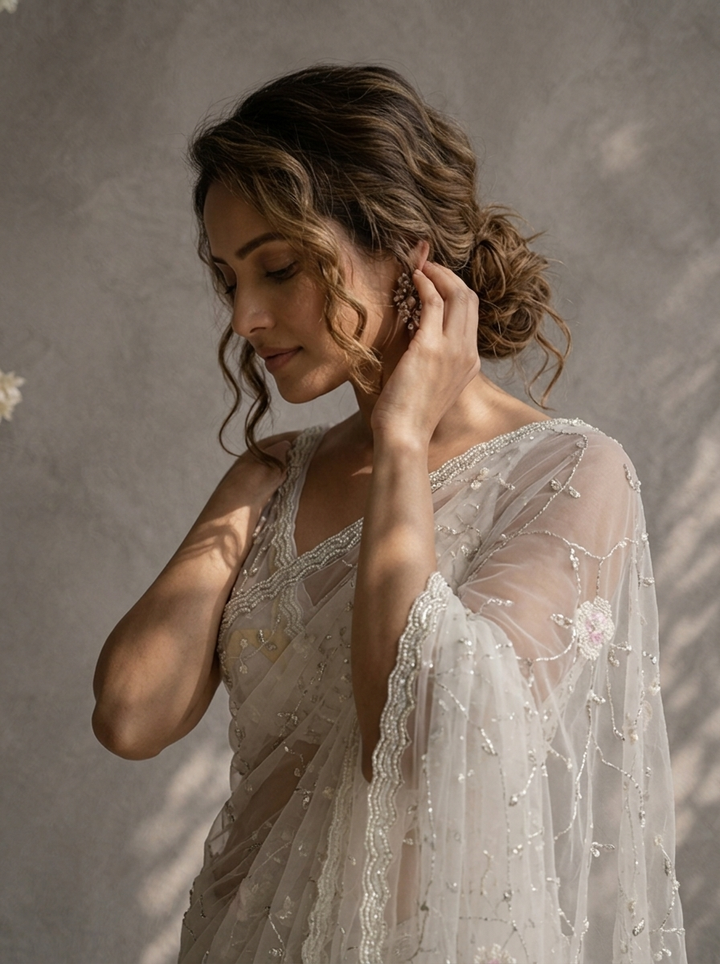 Off White Organza Bead Embroidered Saree