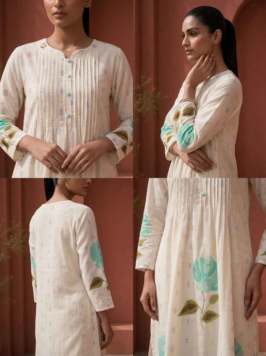 Off White Cotton Hand-Painted Floral Printed Two Piece Set