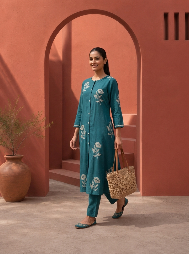 Rama Cotton Scattered Floral Embroidered Two Piece Set