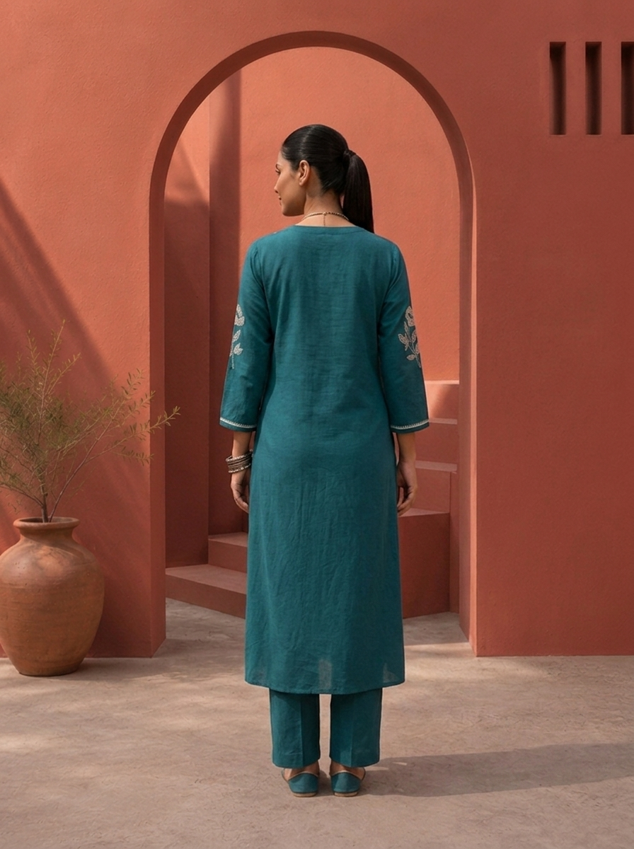 Rama Cotton Scattered Floral Embroidered Two Piece Set