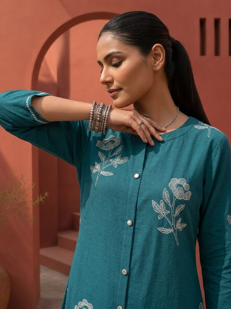 Rama Cotton Scattered Floral Embroidered Two Piece Set