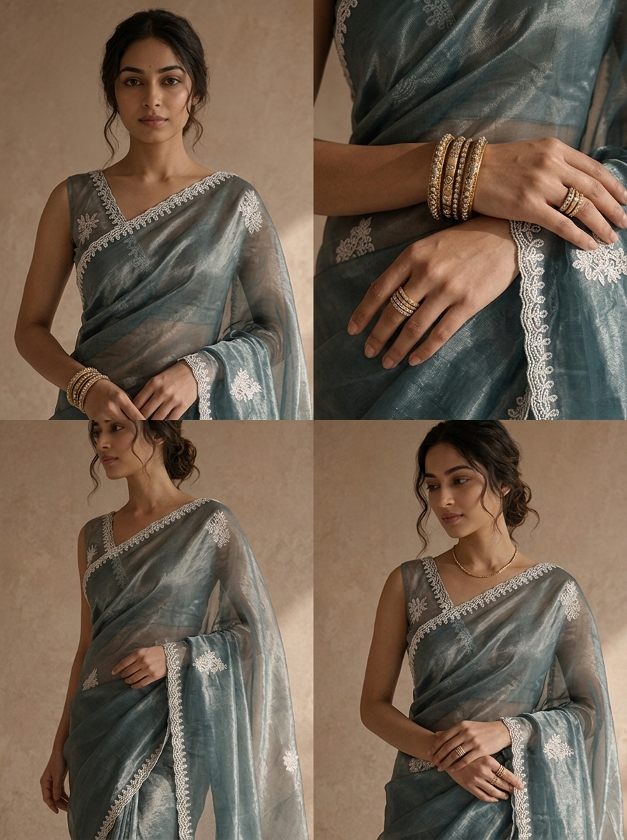 Grey Organza Scattered Embroidered Saree With Lace Border